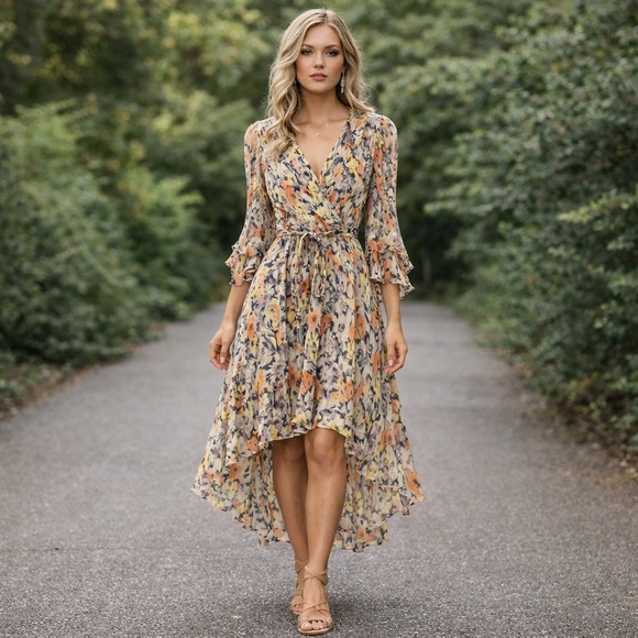 Polo Ralph Lauren Dresses & Skirts - Polo Ralph Lauren wrap dress 6 pink blue summer floral  high low boho fairy